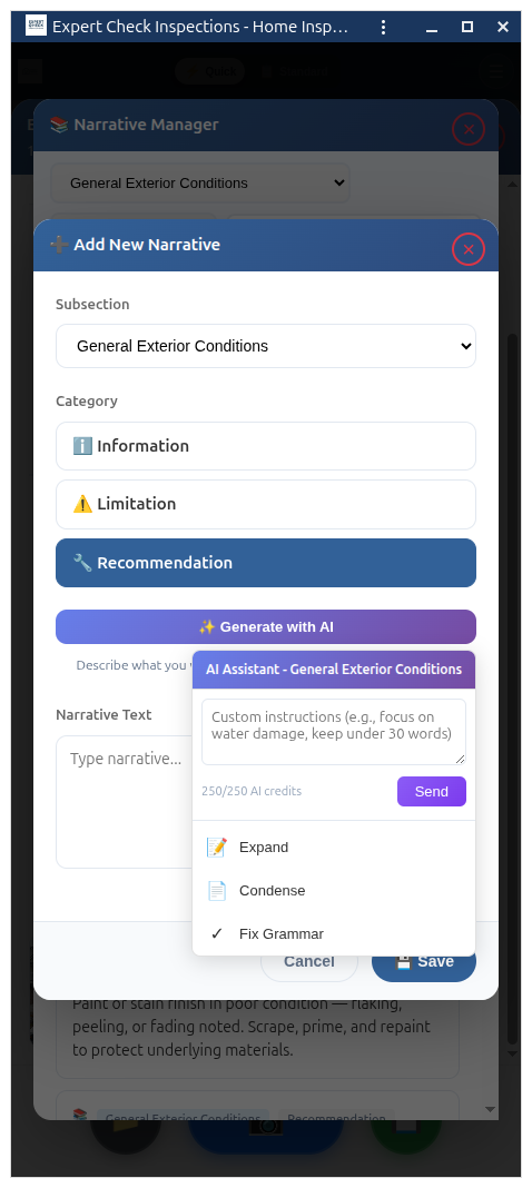 AI-powered narrative generation for home inspection report sections
