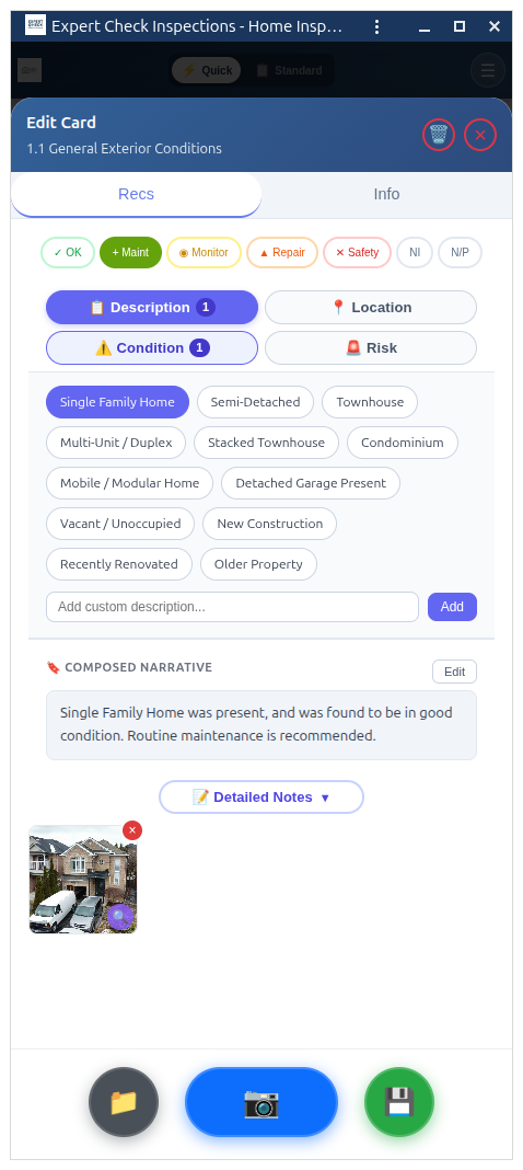 Card editor modal for editing inspection items with severity ratings, photos, and narratives
