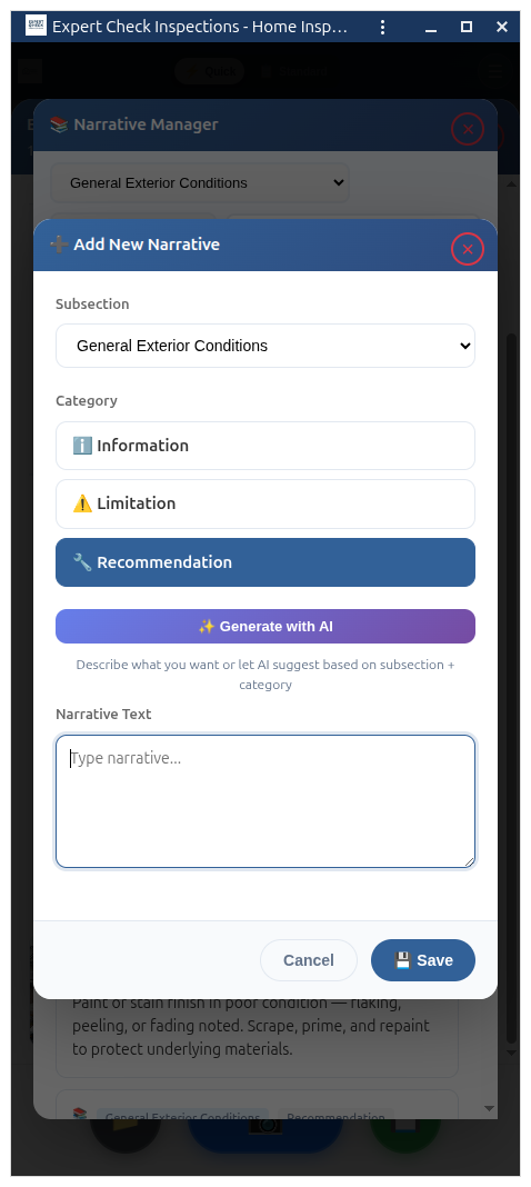 Custom narrative editor for adding and saving your own inspection report templates