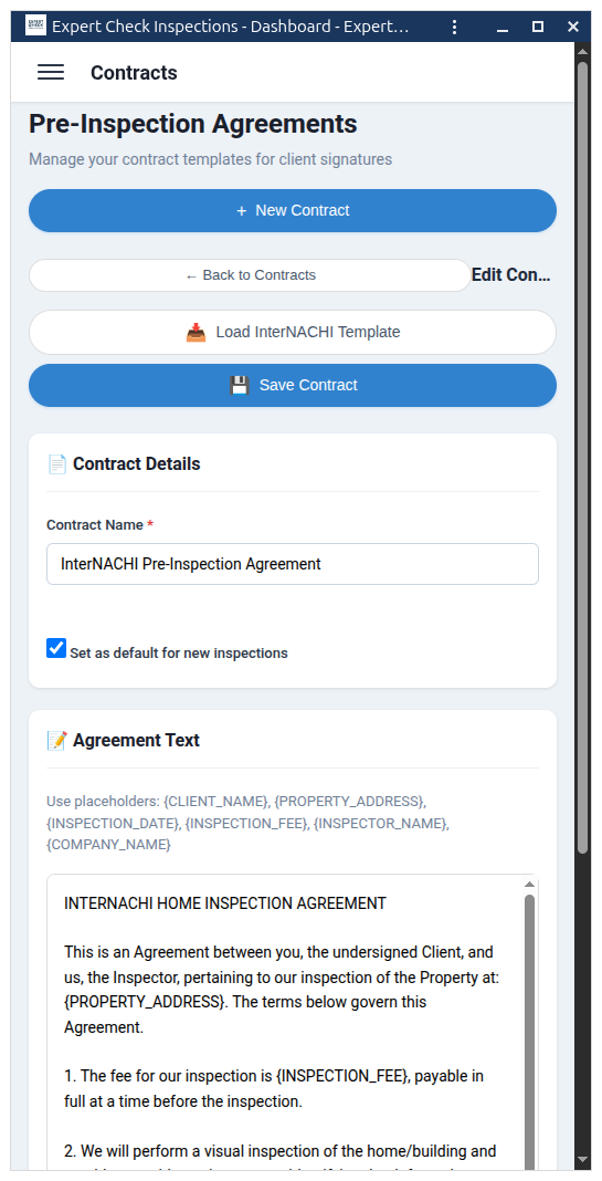 Inspection agreement dashboard for managing pre-inspection contracts and terms