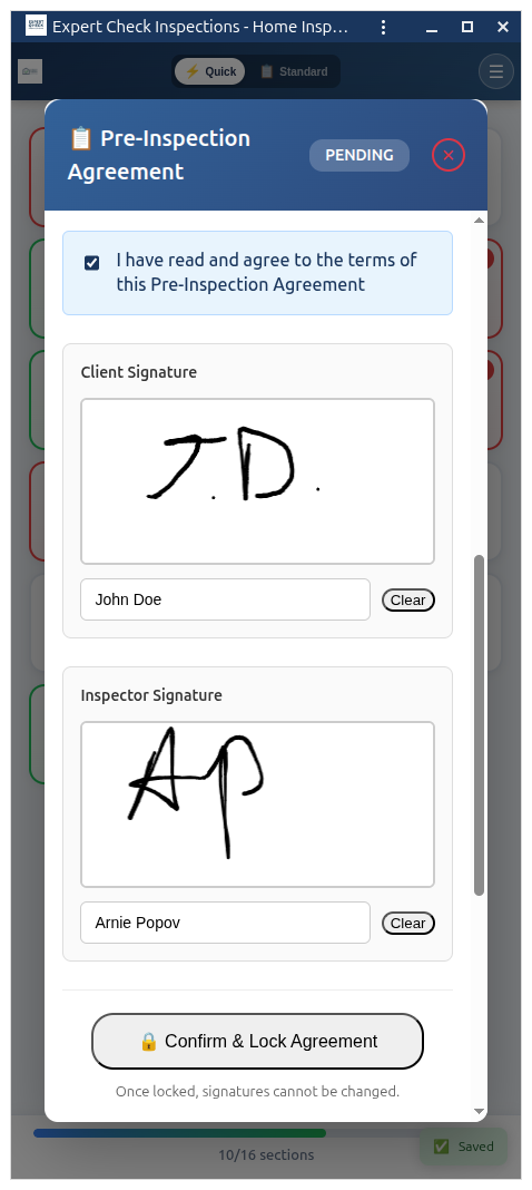 Client and inspector digital signatures captured inside the inspection report