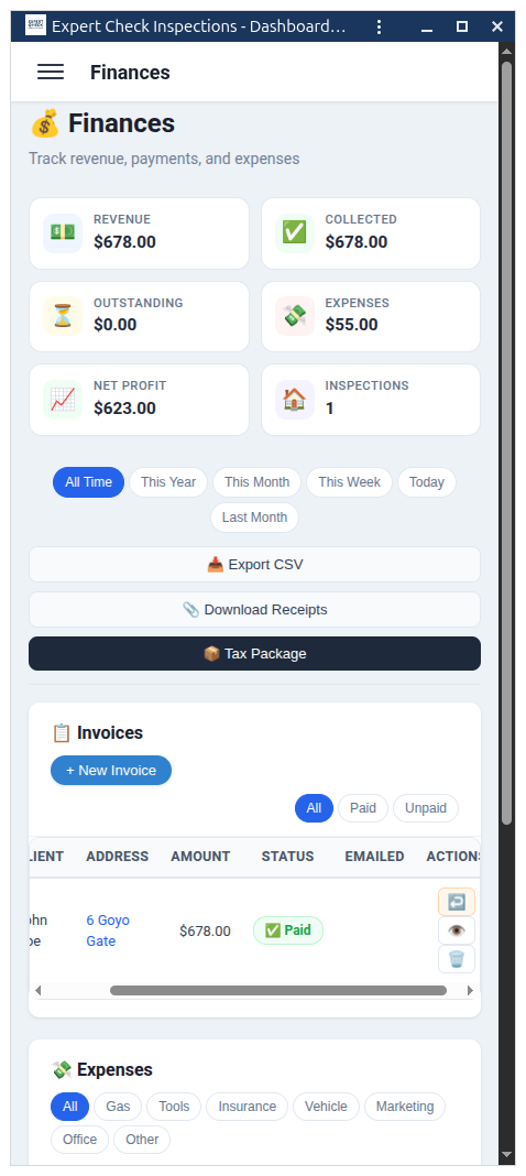Finances dashboard tracking inspection income, expenses, and invoices
