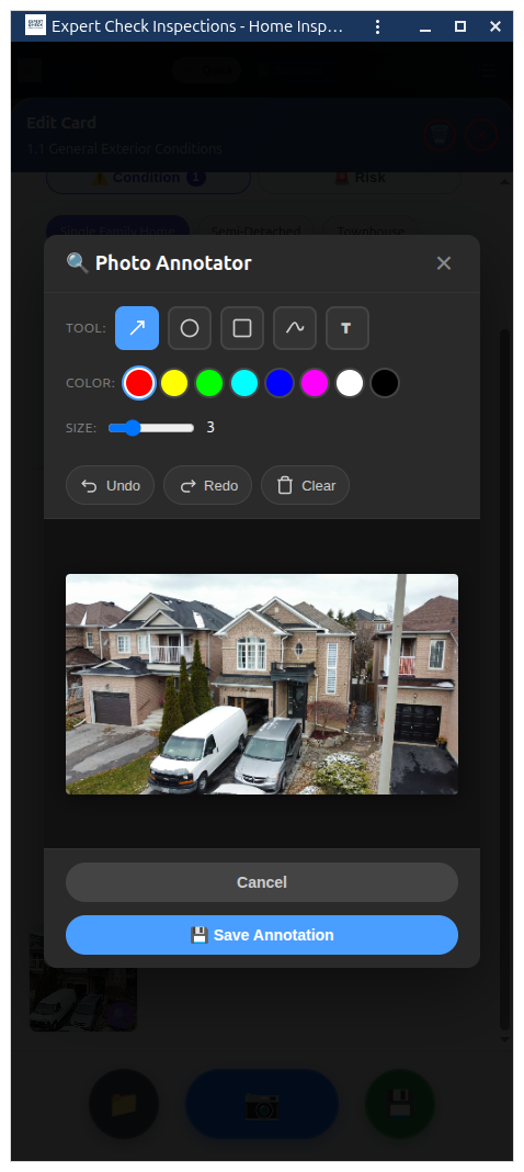 Photo annotation canvas with drawing tools for circling and marking defects on inspection photos